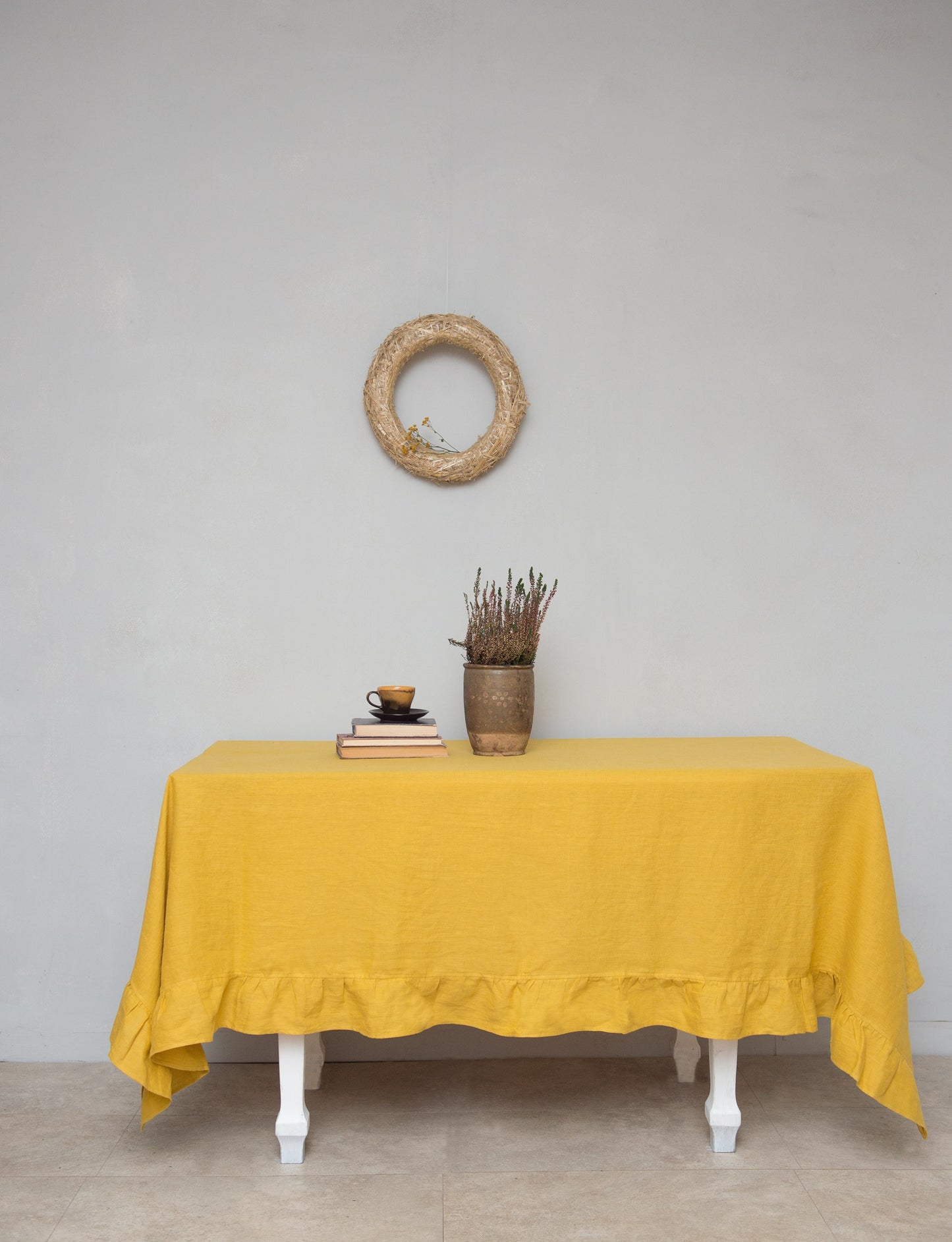 Honey linen tablecloth with ruffles