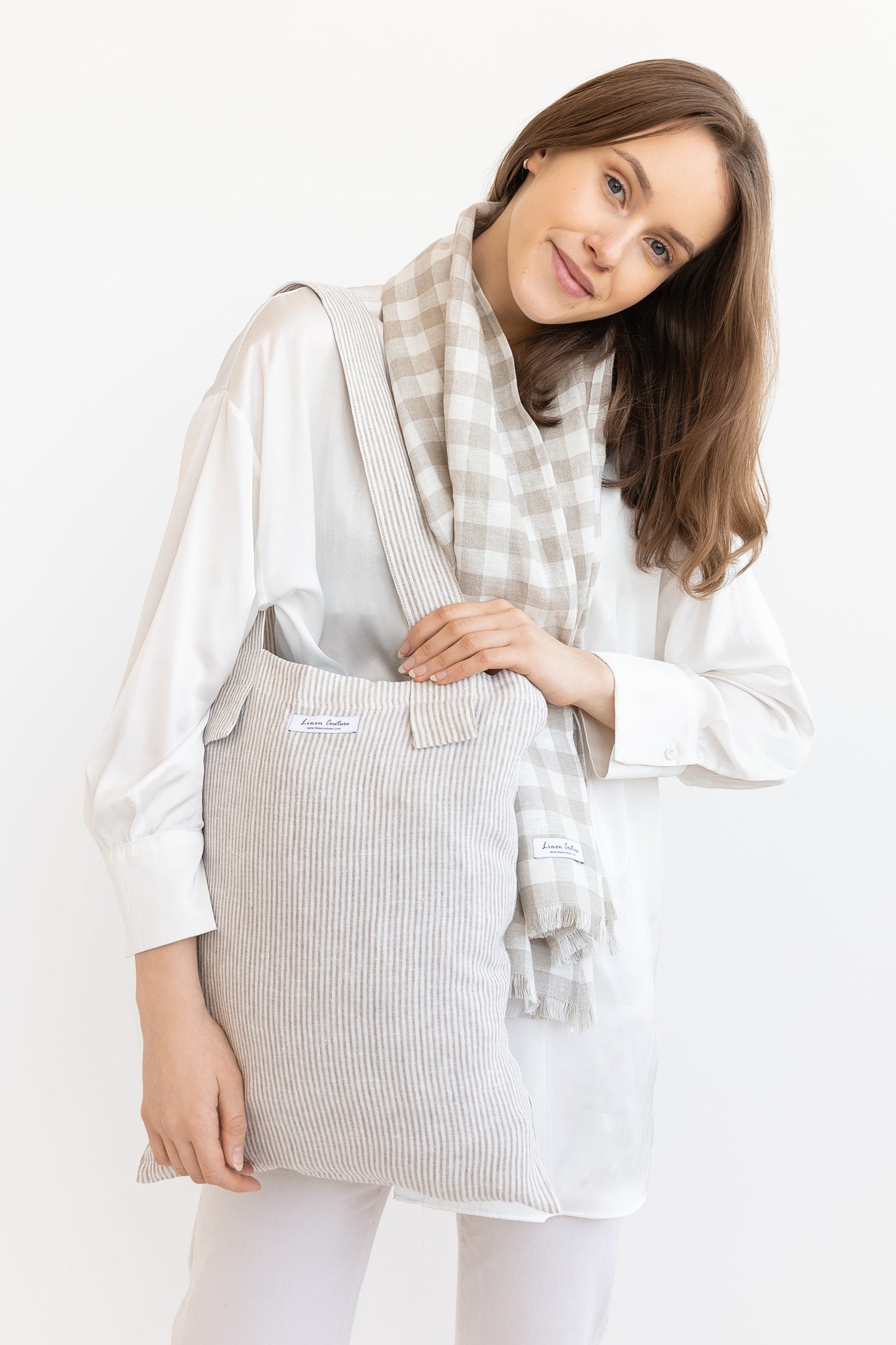Natural and White Check linen scarf