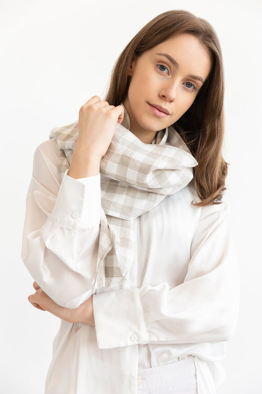 Natural and White Check linen scarf