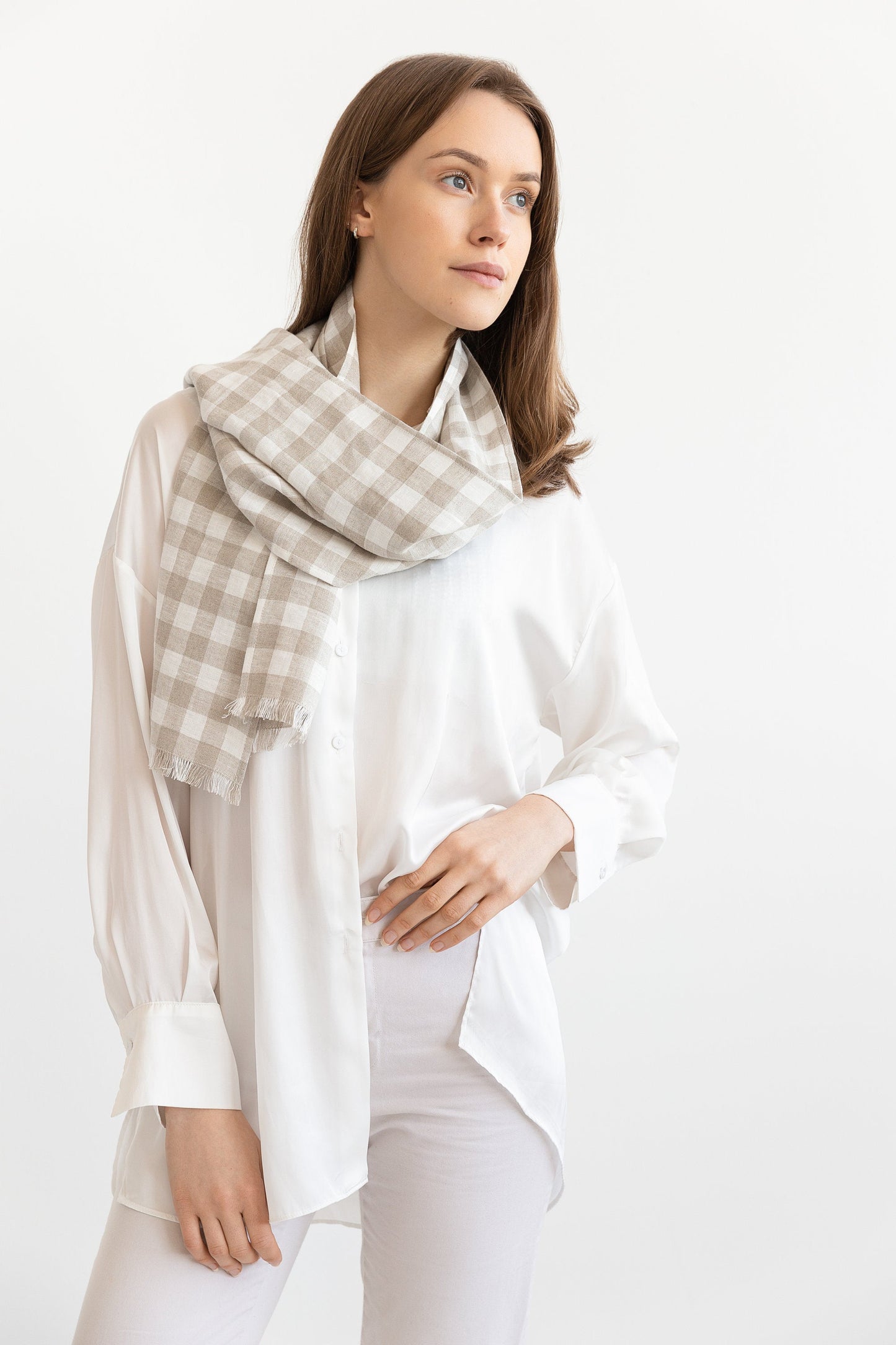 Natural and White Check linen scarf